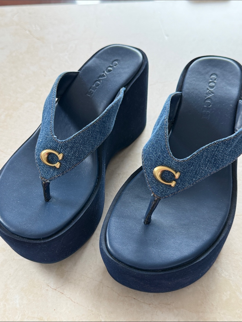 COACH Navy Denim Platform Sandals with Gold Hardware